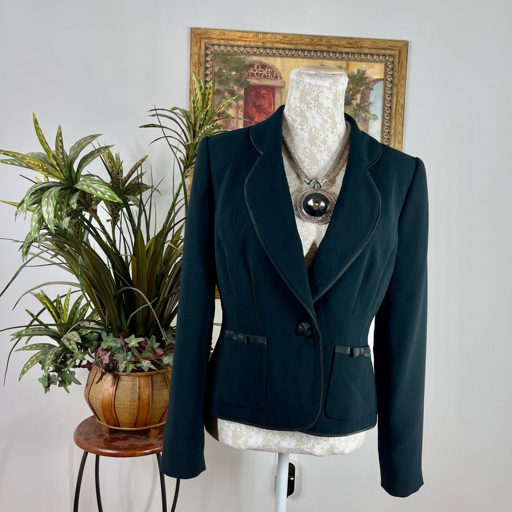 Liz Claiborne Blazer Women 8 Black Polyester Satin Trim Bow Leopard Print Lining